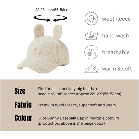 Women White Winter Wool Cat Rabbit Ears Soft Beanie Slouchy Baseball Cap - Picture 4 of 5